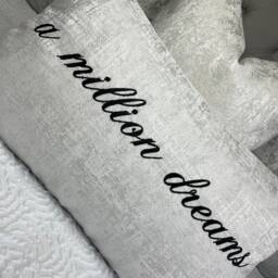 Any Text & Name Personalised Cushion Cover Embroidered Bolster Cushion, White Silver Luxury Fabric , Bedding Made To Order, Gift Decor - thumbnail 2