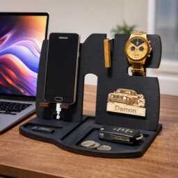 Personalized Wooden Desk Organizer With Phone Stand, Watch Holder, & Personal Item Tray - thumbnail 1