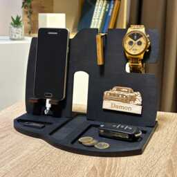 Personalized Wooden Desk Organizer With Phone Stand, Watch Holder, & Personal Item Tray - thumbnail 2