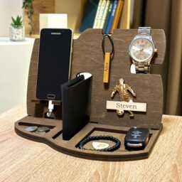 Personalized Wooden Desk Organizer With Phone Stand, Watch Holder, & Personal Item Tray - thumbnail 3