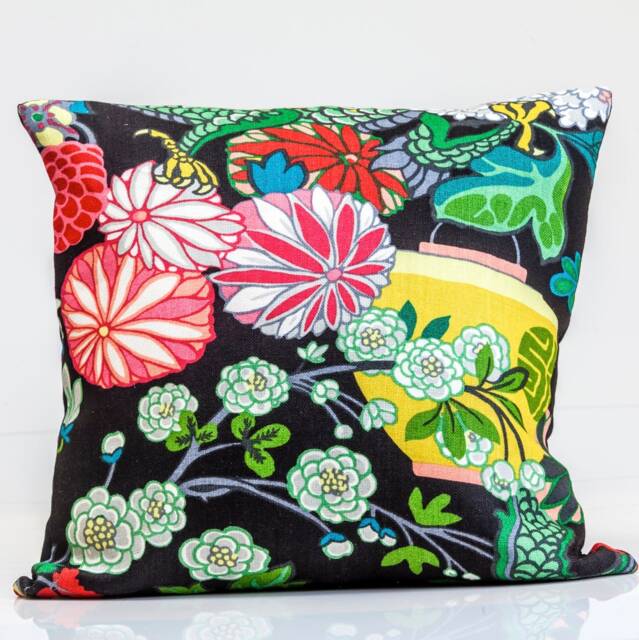 Schumacher Chiang Mai Dragon Linen Pillow Cover, Ebony Chinoiserie Style - image 1