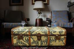 William Morris Steamer Trunk Coffee Table - Upcycled Vintage Storage Chest Indian Gold Pattern _ Morrisingb