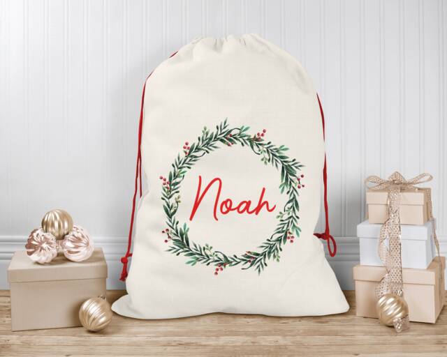 Personalised Christmas Sack - Custom Stocking - Holly Wreath For Kids, Children's Santa - image 1