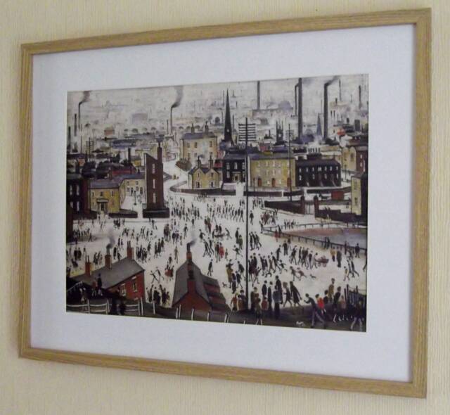 L S Lowry Art Print - Lancashire Town Light Oak Finish Frame With White Mount & Textured Image - image 1