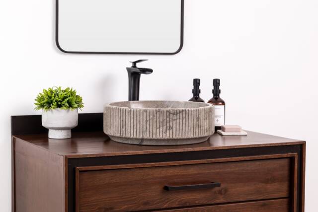 Natural Stone Vessel Bathroom Sink, Burj Goleta Marble, Fluted Vanity Basin - image 1