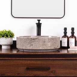 Natural Stone Vessel Bathroom Sink, Burj Goleta Marble, Fluted Vanity Basin - thumbnail 2