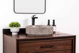Natural Stone Vessel Bathroom Sink, Burj Goleta Marble, Fluted Vanity Basin - thumbnail 1