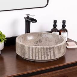 Natural Stone Vessel Bathroom Sink, Burj Goleta Marble, Fluted Vanity Basin - thumbnail 3