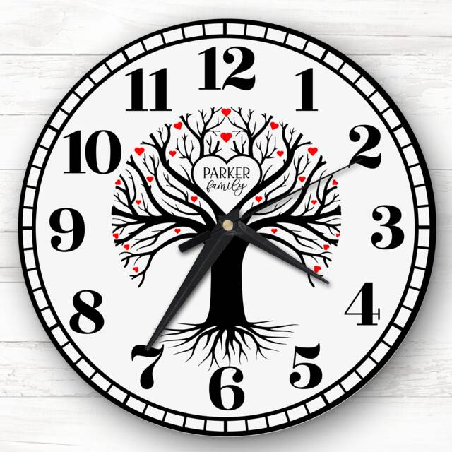 Family Tree Black Silhouette Red Hearts Personalised Gift Clock - image 1
