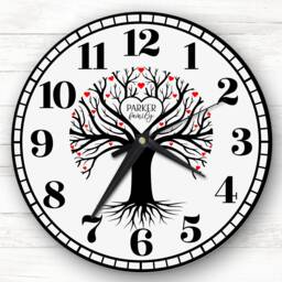 Family Tree Black Silhouette Red Hearts Personalised Gift Clock