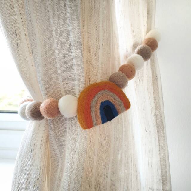 Curtain Pom Tie Backs - Muted Scandi Rainbow Felt Ball Decor - image 1