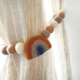Curtain Pom Tie Backs - Muted Scandi Rainbow Felt Ball Decor - thumbnail 3