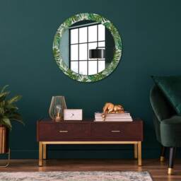 Jungle Leaves, Green, Round Mirror Frame, Design, Glass Wall Decor, Living Room - thumbnail 2