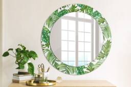 Jungle Leaves, Green, Round Mirror Frame, Design, Glass Wall Decor, Living Room