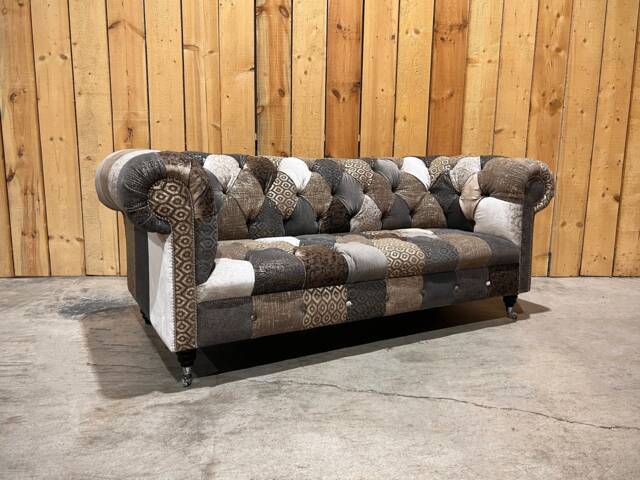 Unique British Handmade 3 Seater Cream/Beige Grey Velvet Fabric Patchwork Chesterfield Sofa - image 1