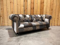 Unique British Handmade 3 Seater Cream/Beige Grey Velvet Fabric Patchwork Chesterfield Sofa - thumbnail 1