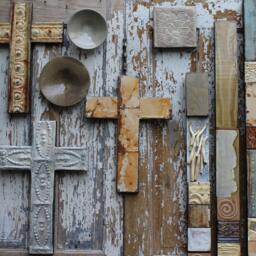 Recycled Rusty Vintage Ceiling Tin Tiles Large Metal Crosses Soul Babies Collage Tottems Folkart Garden Outdoor Industrial Bo Ho Christian - thumbnail 2