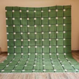 Hand Woven Wool Jute Rug, Green Geometric Kilim Dhurrie - thumbnail 4