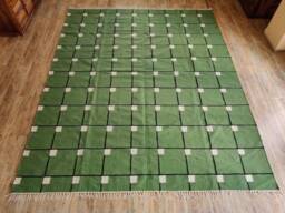 Hand Woven Wool Jute Rug, Green Geometric Kilim Dhurrie - thumbnail 1