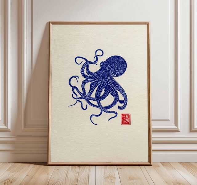 Japanese Octopus Wall Art Print, Blue Ink Marine Poster, Ocean Animal Illustration, Nautical Coastal Decor For Home Or Office - image 1