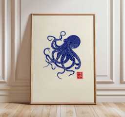 Japanese Octopus Wall Art Print, Blue Ink Marine Poster, Ocean Animal Illustration, Nautical Coastal Decor For Home Or Office - thumbnail 1