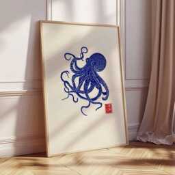 Japanese Octopus Wall Art Print, Blue Ink Marine Poster, Ocean Animal Illustration, Nautical Coastal Decor For Home Or Office - thumbnail 2