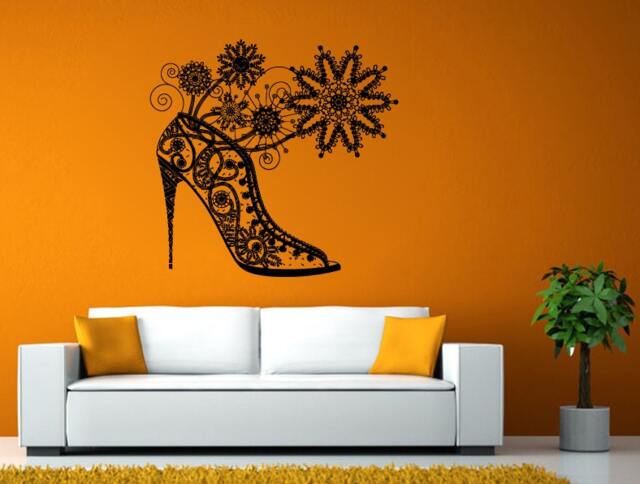 Fall Shoe High Heal Flower Design Woman's Shoes Girl Fashion Wall Window Sticker Decal Vinyl Silhouette Decor L1904 - image 1