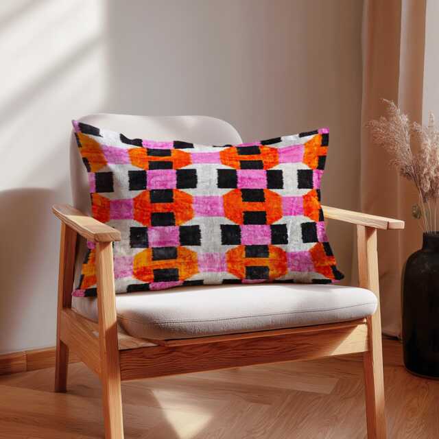 Handwoven Silk Velvet Ikat Pillow Pink Orange Geometric Cushion - image 1