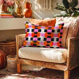 Handwoven Silk Velvet Ikat Pillow Pink Orange Geometric Cushion - thumbnail 3