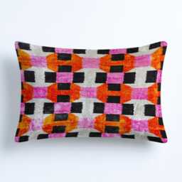 Handwoven Silk Velvet Ikat Pillow Pink Orange Geometric Cushion - thumbnail 2