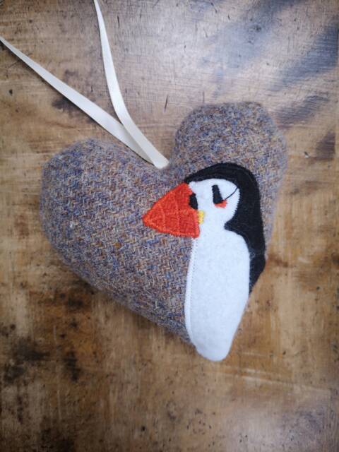 Hand Crafted Harris Tweed Animal Design Embroidered Hanging Heart Decoration - image 1
