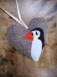 Hand Crafted Harris Tweed Animal Design Embroidered Hanging Heart Decoration - thumbnail 1