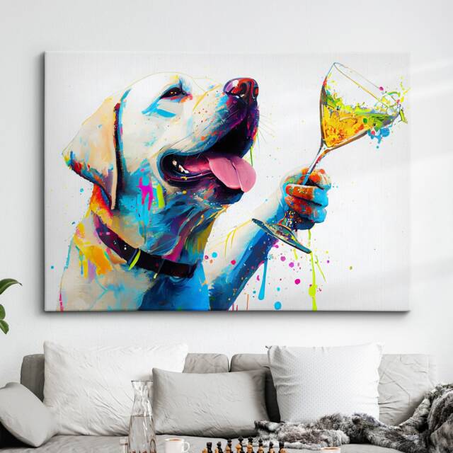 Labrador Drinking Cocktail Glass Painting Splatter Wall Art, Framed Canvas Poster Print, Home Kitchen Office Room Decor, Gifts - image 1