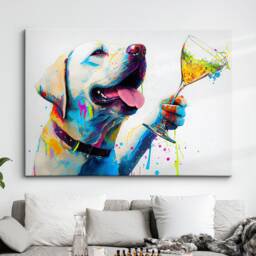 Labrador Drinking Cocktail Glass Painting Splatter Wall Art, Framed Canvas Poster Print, Home Kitchen Office Room Decor, Gifts - thumbnail 1