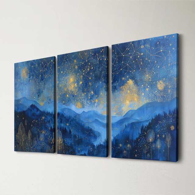 starry Moonlit Valley Oil Painting Abstract 3 Panel Split Canvas Night Home Accessories Calm Landscape Art Wall Decor - image 1