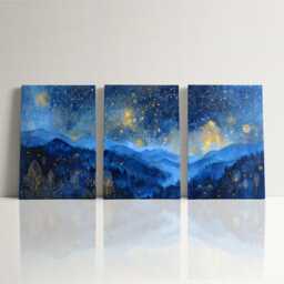 starry Moonlit Valley Oil Painting Abstract 3 Panel Split Canvas Night Home Accessories Calm Landscape Art Wall Decor - thumbnail 3