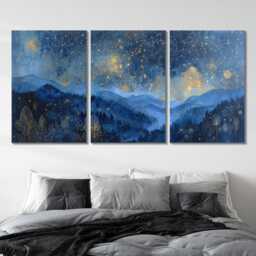 starry Moonlit Valley Oil Painting Abstract 3 Panel Split Canvas Night Home Accessories Calm Landscape Art Wall Decor - thumbnail 2
