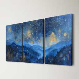 starry Moonlit Valley Oil Painting Abstract 3 Panel Split Canvas Night Home Accessories Calm Landscape Art Wall Decor - thumbnail 1