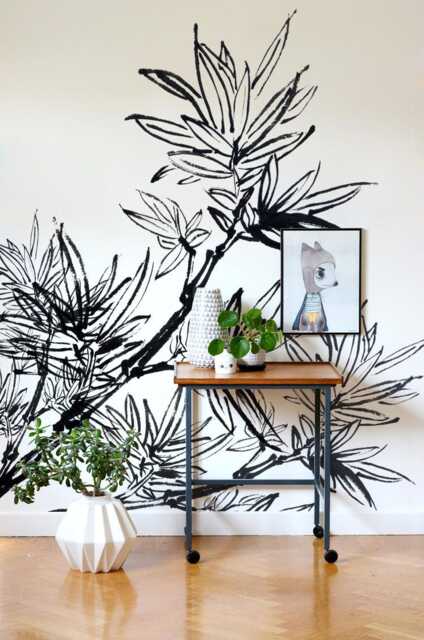 Black Watercolor Bamboo Wallpaper, Sketch Mural, & White, Peel Stick, Reusable, Wall Mural, Nature, Decor, Tree, Leaves #11 - image 1