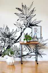 Black Watercolor Bamboo Wallpaper, Sketch Mural, & White, Peel Stick, Reusable, Wall Mural, Nature, Decor, Tree, Leaves #11