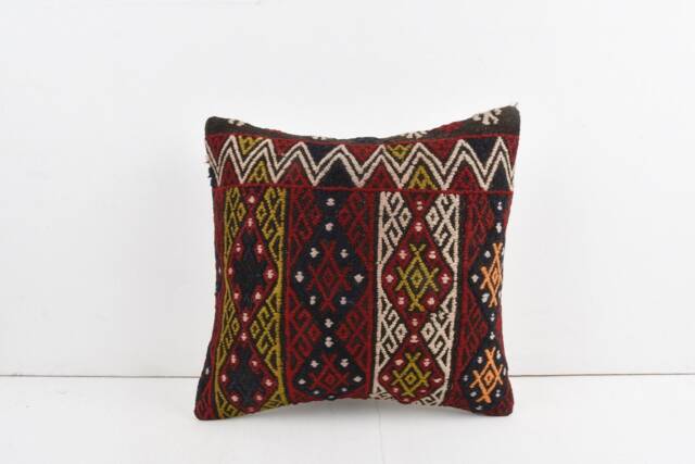 Vintage Turkish Kilim Pillow Cover Handwoven Wool Cushion - 16x16 - image 1