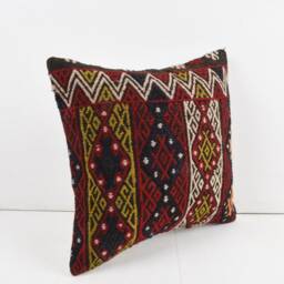 Vintage Turkish Kilim Pillow Cover Handwoven Wool Cushion - 16x16 - thumbnail 2