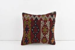 Vintage Turkish Kilim Pillow Cover Handwoven Wool Cushion - 16x16 - thumbnail 1