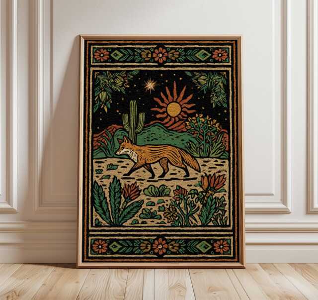 Desert Fox Art Print, Southwestern Tapestry Poster, Boho Night Sky Wall Art, Rustic Nature Illustration - image 1