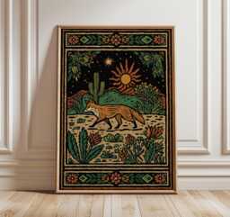 Desert Fox Art Print, Southwestern Tapestry Poster, Boho Night Sky Wall Art, Rustic Nature Illustration - thumbnail 1