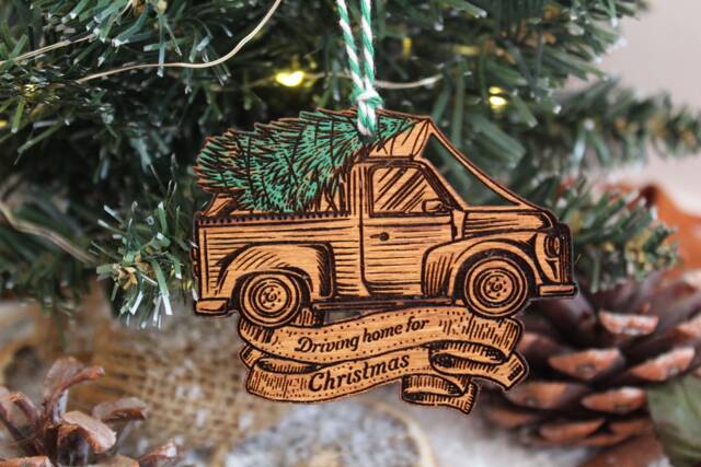 Driving Home For Christmas Wooden Ornament Truck Tree Bauble Its Gift Winter Cute Quirky Rustic Precious Stocking Present Laser Wood Burned - image 1