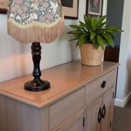 William Morris Steel Orchid Buttercup Curtains Fabric Dome Lampshade Antique Gold Braid & Fringe, Bespoke British Handmade - thumbnail 2