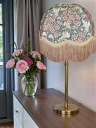 Handcrafted William Morris Steel Orchid Fabric Dome Lampshade Antique Gold Braid, Fringe, British Handmade