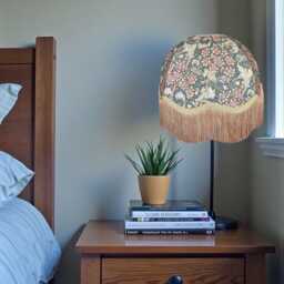 William Morris Steel Orchid Buttercup Curtains Fabric Dome Lampshade Antique Gold Braid & Fringe, Bespoke British Handmade - thumbnail 3