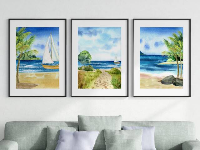 Watercolour Sandy Beach Views Set Of 3 Unframed Wall Print, Landscape Art, Home D??cor, Abstract, Sea, Sail Boat, Palm Tree - image 1